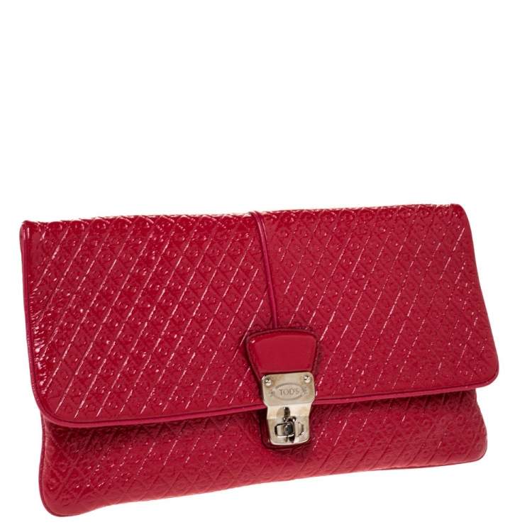 Pre Owned Tod's Red Signature Embossed Patent Leather Turnlock Clutch