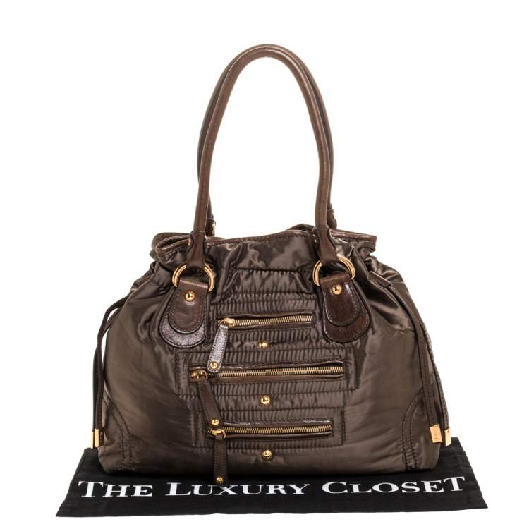 Pre Owned Tod's Olive Green Nylon and Leather Drawstring Satchel