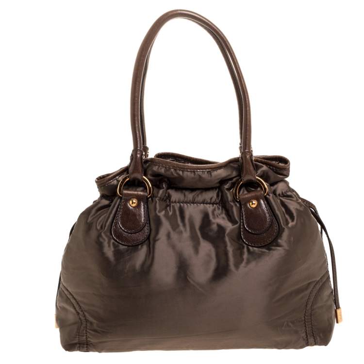 Pre Owned Tod's Olive Green Nylon and Leather Drawstring Satchel