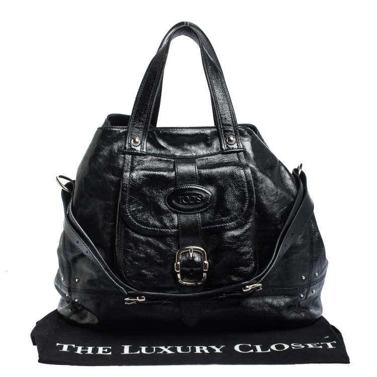 Pre Owned Tod's Black Glazed Leather Buckle Pocket Shoulder Bag
