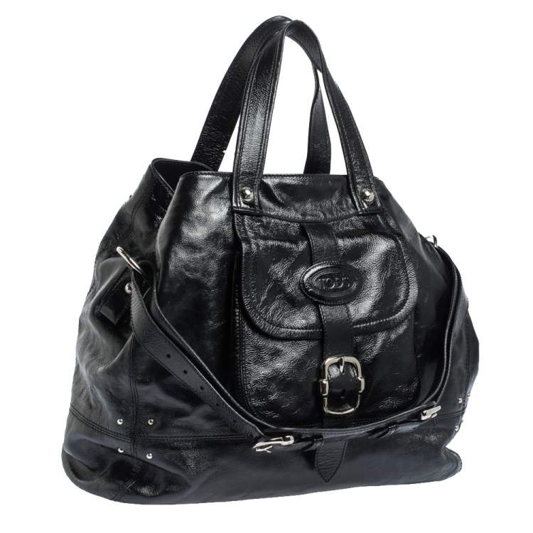 Pre Owned Tod's Black Glazed Leather Buckle Pocket Shoulder Bag