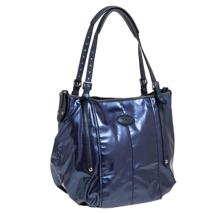 Pre Owned Tod's Metallic Blue Glazed Coated Canvas and Leather G-Line Easy Sacca Tote
