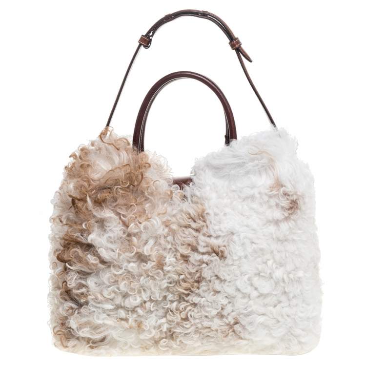 Pre Owned Tod's White Fur and Leather Double T Flap Tote
