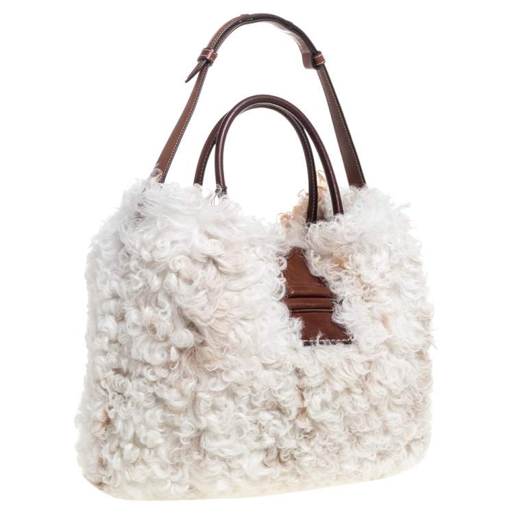 Pre Owned Tod's White Fur and Leather Double T Flap Tote