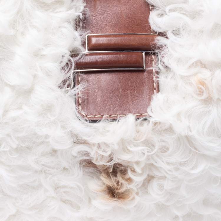 Pre Owned Tod's White/Brown Shearling and Leather Medium Double T Tote