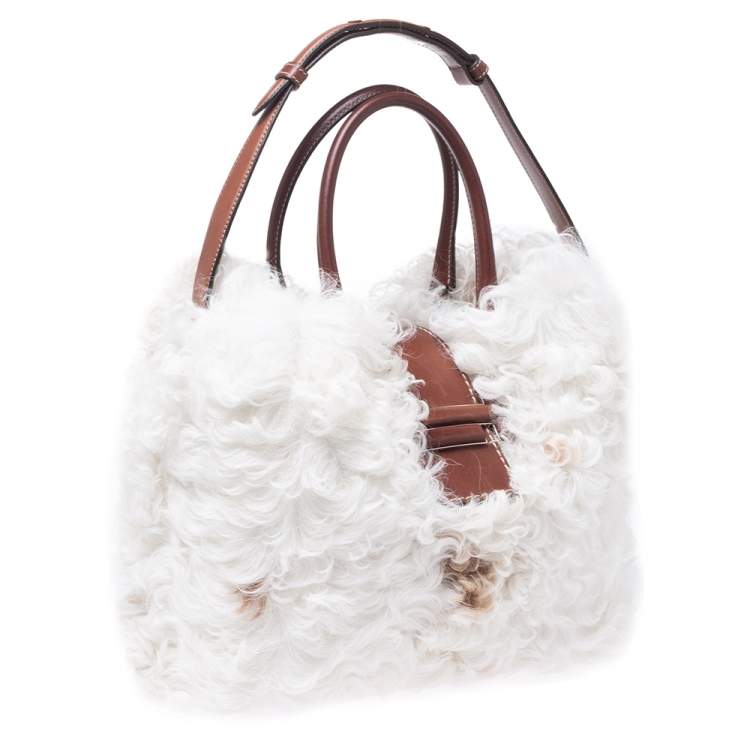 Pre Owned Tod's White/Brown Shearling and Leather Medium Double T Tote