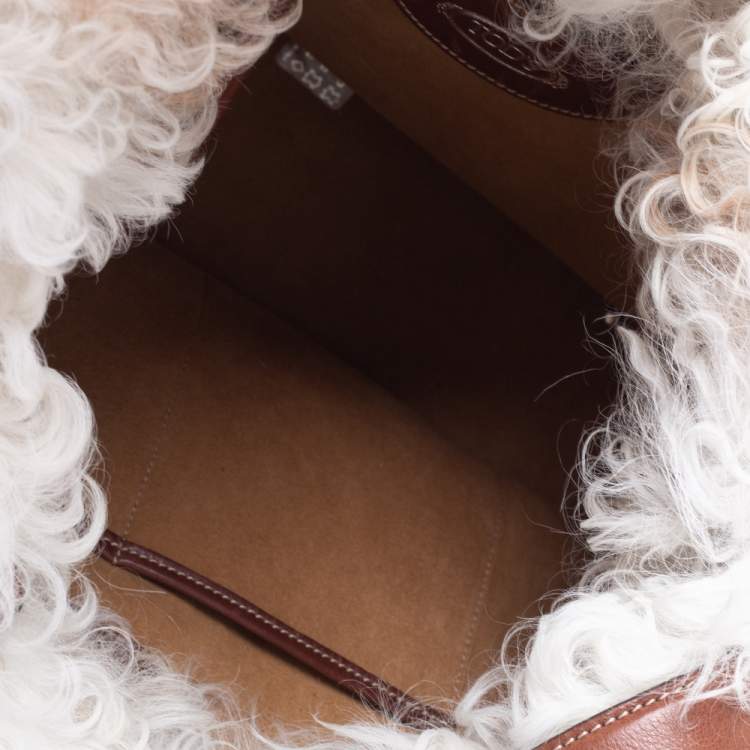 Pre Owned Tod's White/Brown Shearling and Leather Medium Double T Tote