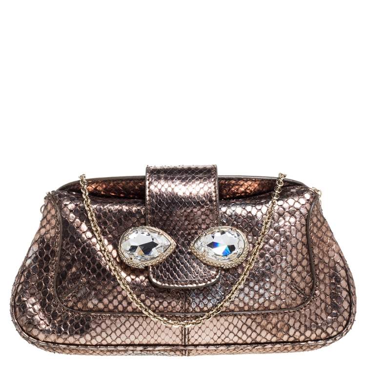 Pre Owned Tod's Metallic Bronze Snakeskin Crystal Embellished Lock Chain Clutch