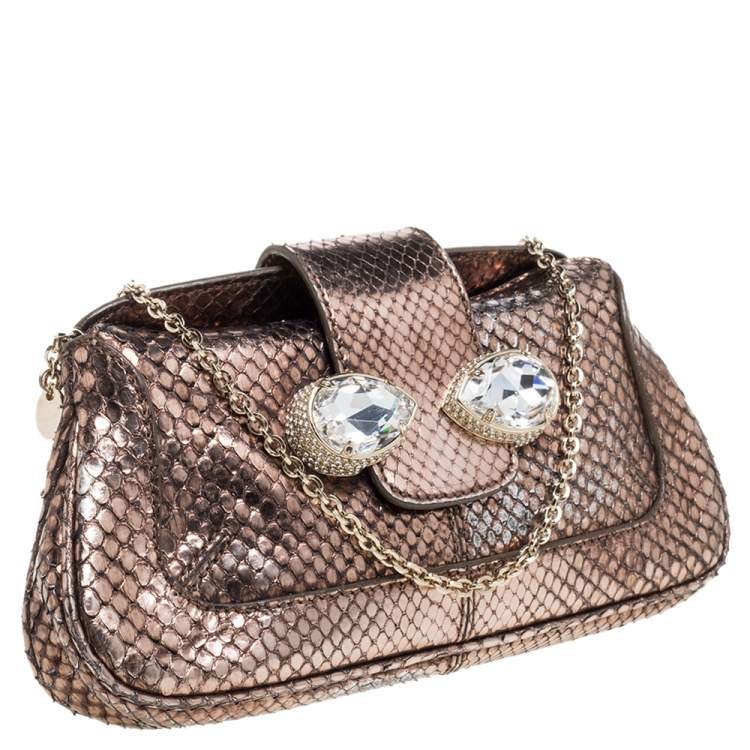 Pre Owned Tod's Metallic Bronze Snakeskin Crystal Embellished Lock Chain Clutch