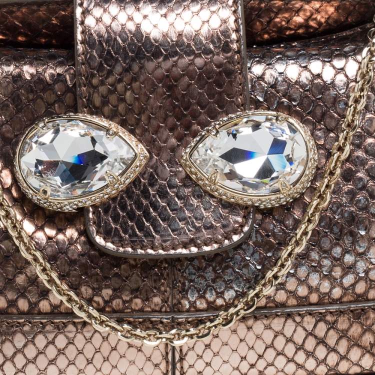 Pre Owned Tod's Metallic Bronze Snakeskin Crystal Embellished Lock Chain Clutch
