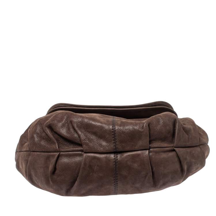Pre Owned Tod's Dark Brown Shimmer Nubuck Leather Flap Chain Hobo