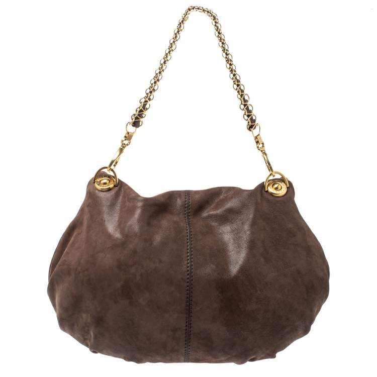 Pre Owned Tod's Dark Brown Shimmer Nubuck Leather Flap Chain Hobo