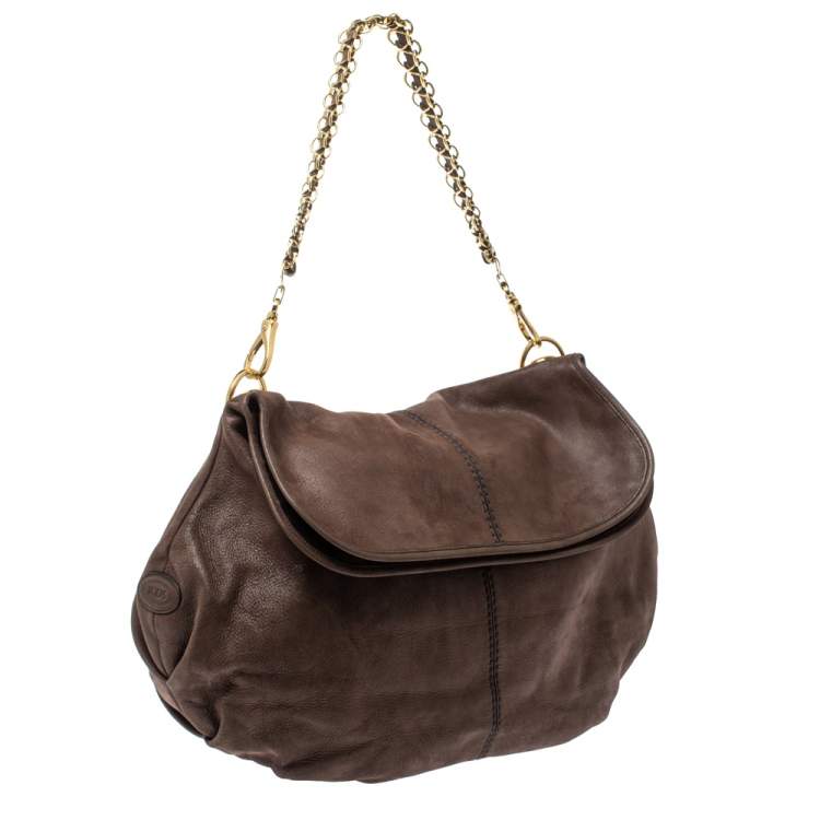 Pre Owned Tod's Dark Brown Shimmer Nubuck Leather Flap Chain Hobo