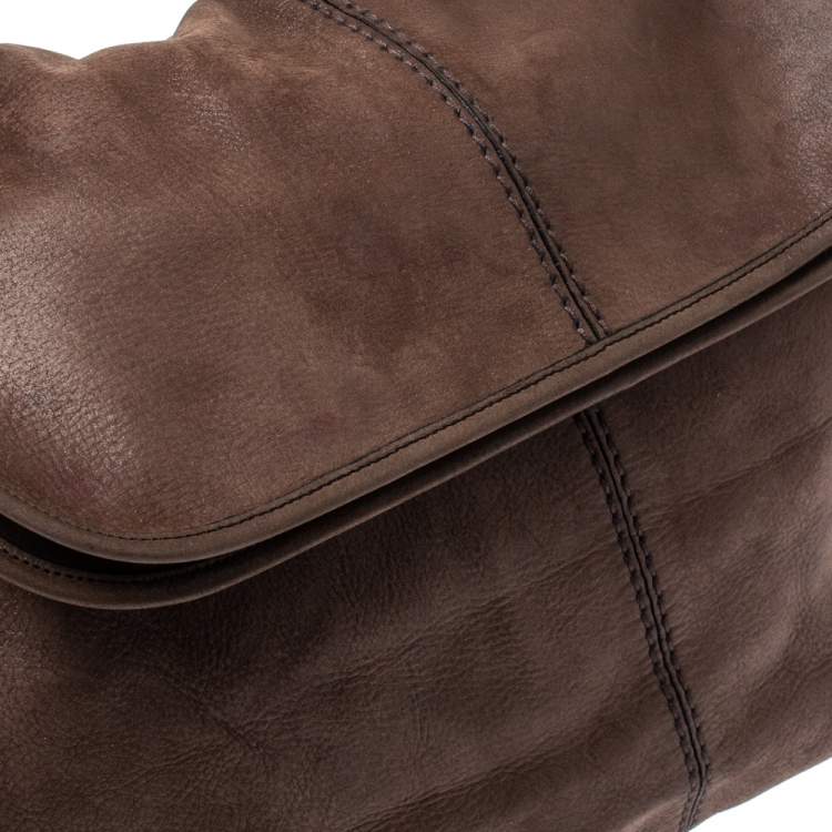 Pre Owned Tod's Dark Brown Shimmer Nubuck Leather Flap Chain Hobo
