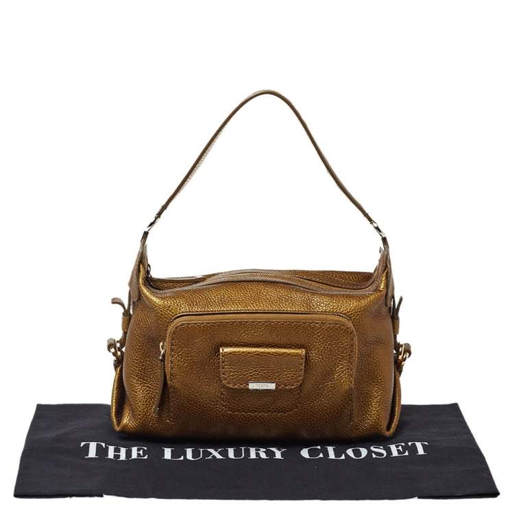 Pre Owned Tod's Metallic Moose Green Grained Leather Front Pocket Hobo