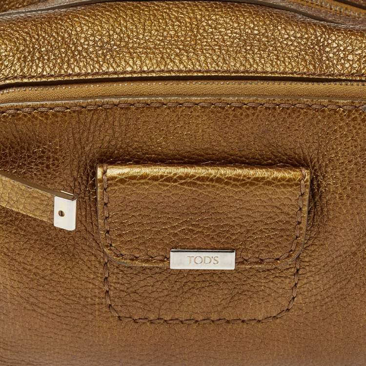 Pre Owned Tod's Metallic Moose Green Grained Leather Front Pocket Hobo