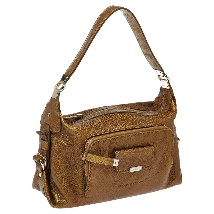 Pre Owned Tod's Metallic Moose Green Grained Leather Front Pocket Hobo