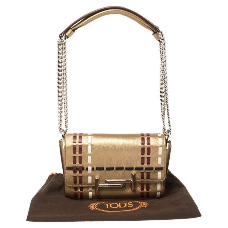 Pre Owned Tod's Gold Leather Mini Double T Shoulder Bag