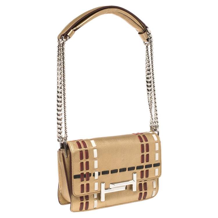 Pre Owned Tod's Gold Leather Mini Double T Shoulder Bag