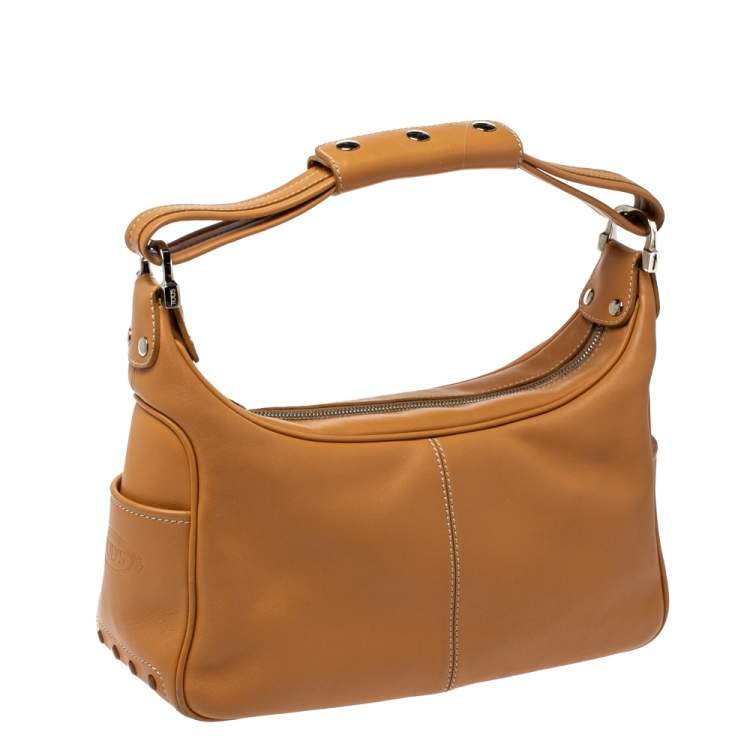 Pre Owned Tod's Tan Leather Top Zip Hobo