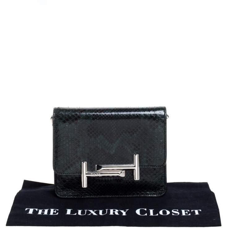 Pre Owned Tod's Dark Green Python Double T Flap Clutch 