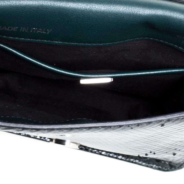 Pre Owned Tod's Dark Green Python Double T Flap Clutch 