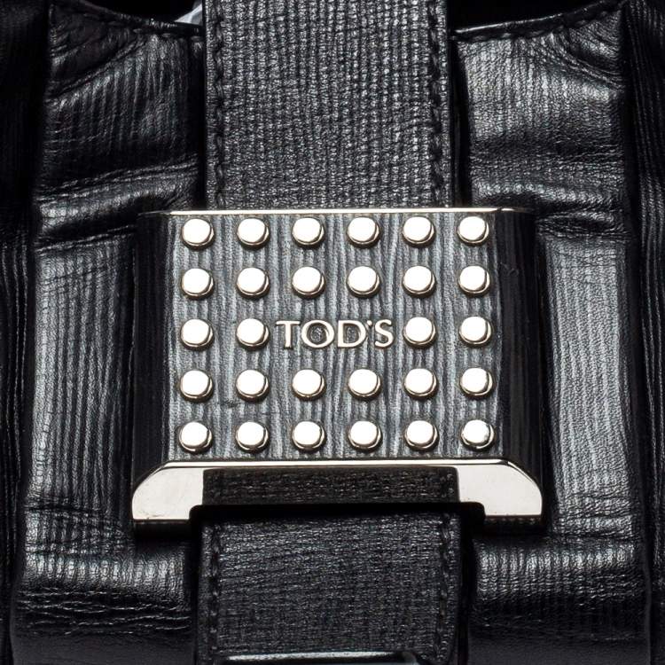 Pre Owned Tod's Black Leather Studded Lock Flap Shoulder Bag  