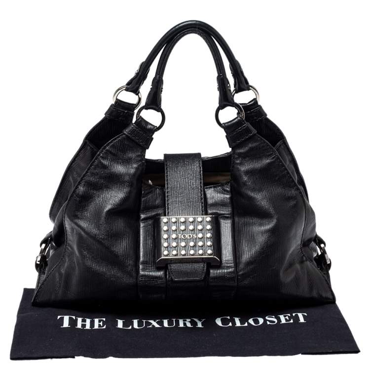 Pre Owned Tod's Black Leather Studded Lock Flap Shoulder Bag  