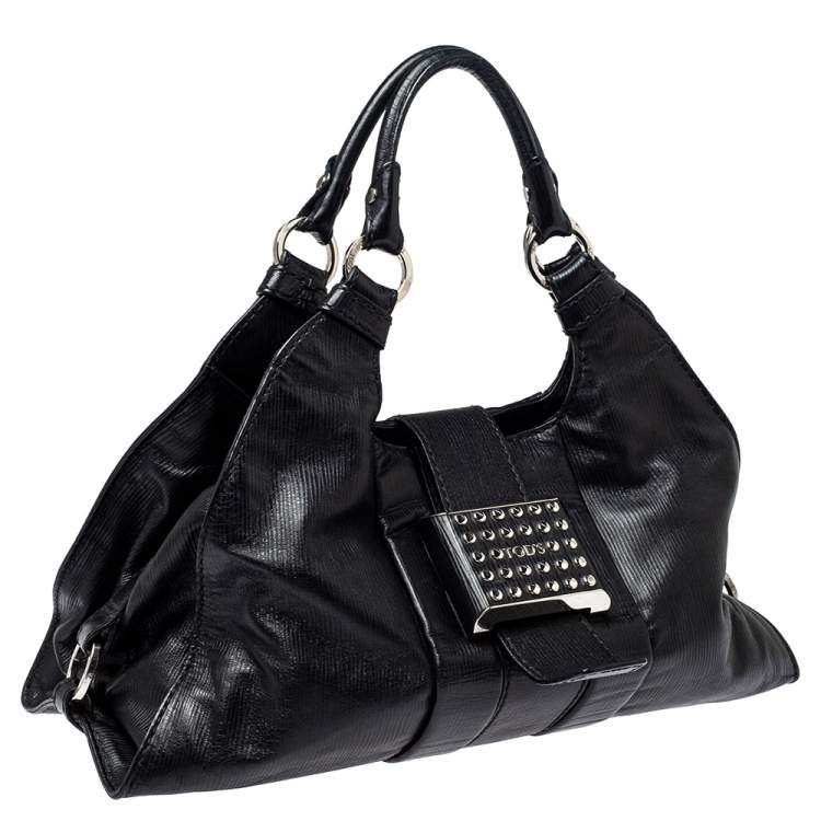 Pre Owned Tod's Black Leather Studded Lock Flap Shoulder Bag  