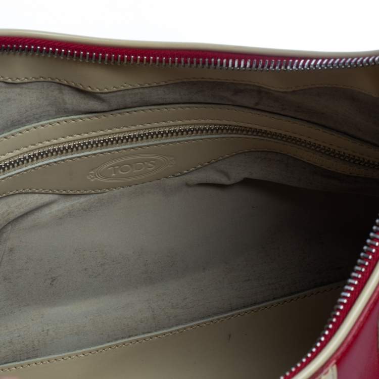 Pre Owned Tod's Red/Beige Stripe Leather Colorblock Zip Hobo