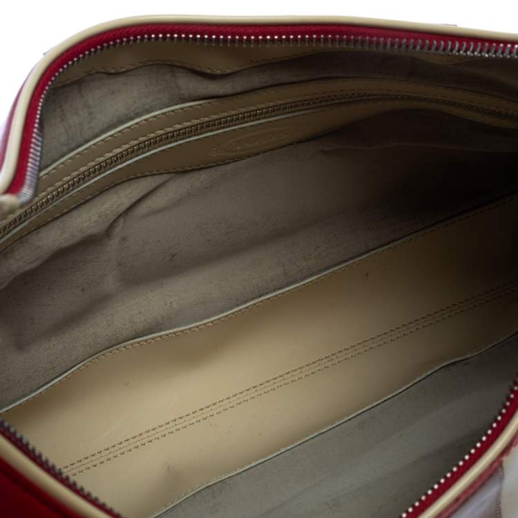 Pre Owned Tod's Red/Beige Stripe Leather Colorblock Zip Hobo