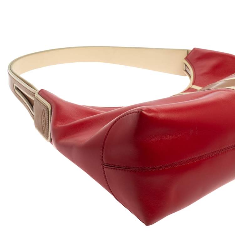 Pre Owned Tod's Red/Beige Stripe Leather Colorblock Zip Hobo