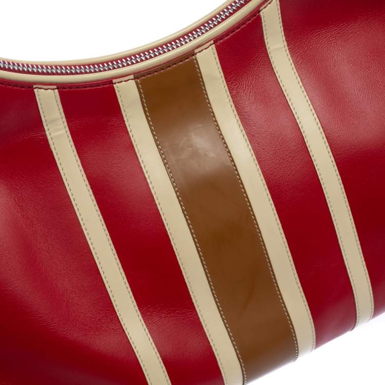 Pre Owned Tod's Red/Beige Stripe Leather Colorblock Zip Hobo