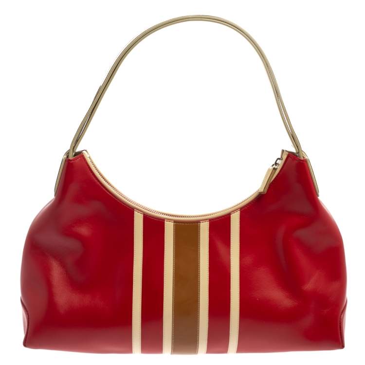 Pre Owned Tod's Red/Beige Stripe Leather Colorblock Zip Hobo