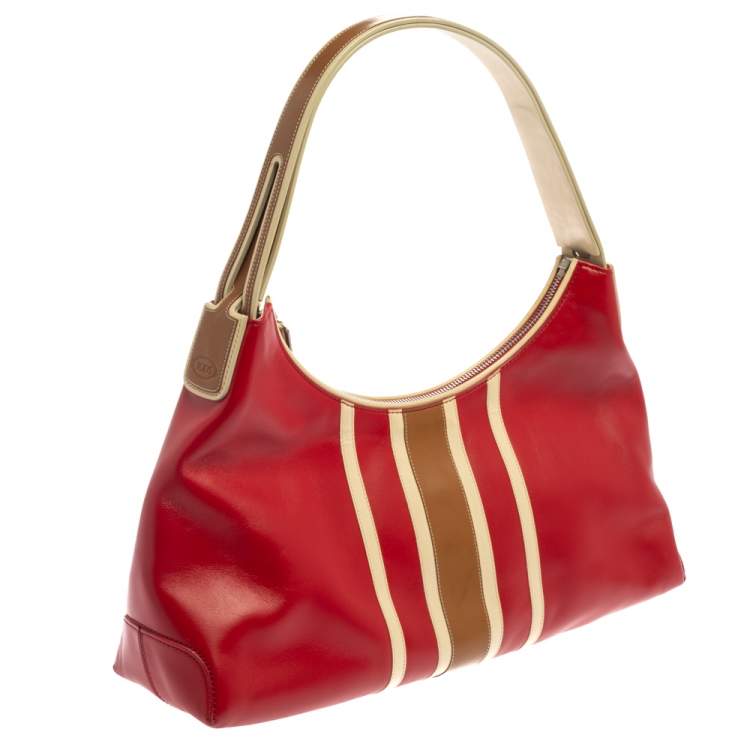 Pre Owned Tod's Red/Beige Stripe Leather Colorblock Zip Hobo