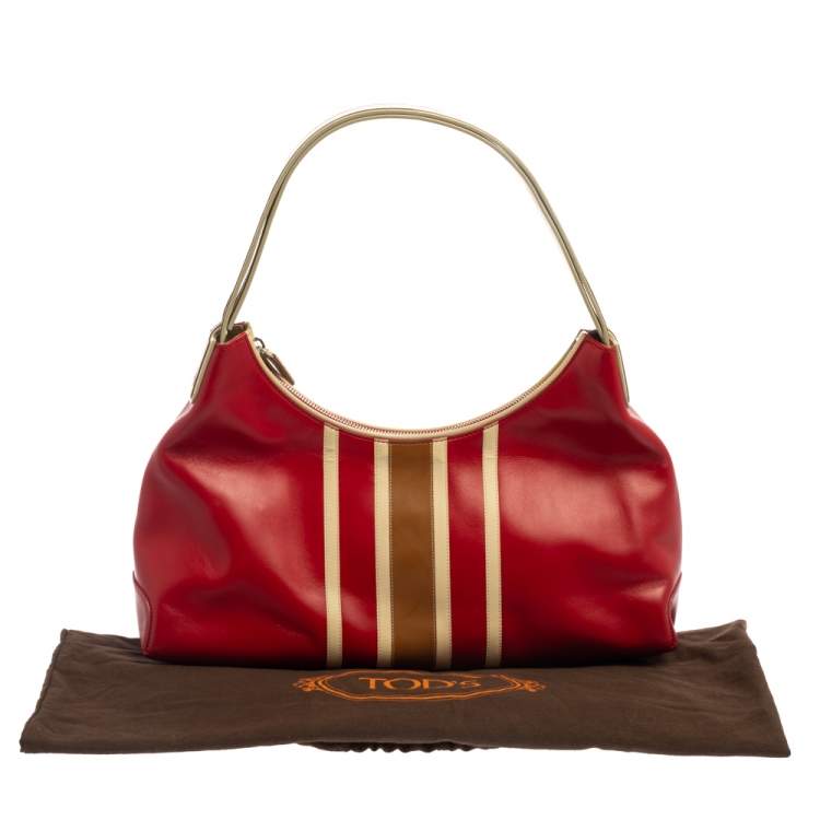 Pre Owned Tod's Red/Beige Stripe Leather Colorblock Zip Hobo