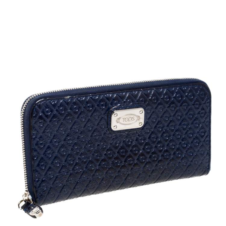 Pre Owned Tod's Navy Blue Signature Patent Leather Zip Around Wallet