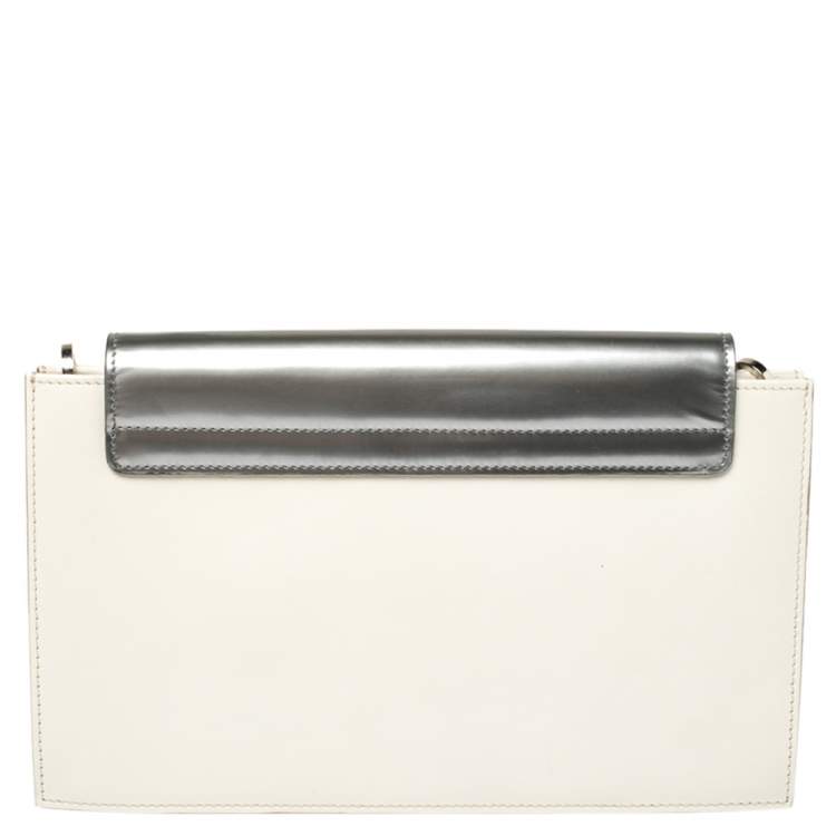 Pre Owned Tod's White/Silver Leather Flap Chain Clutch