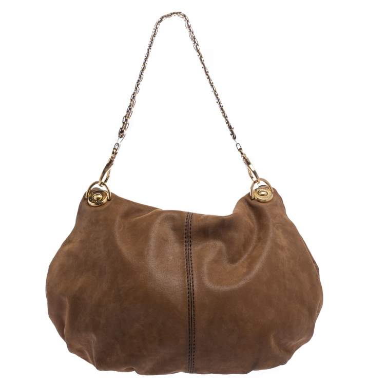 Pre Owned Tod's Tan Shimmer Nubuck Flap Chain Hobo
