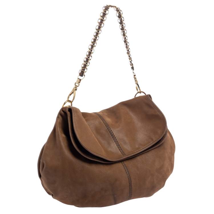 Pre Owned Tod's Tan Shimmer Nubuck Flap Chain Hobo