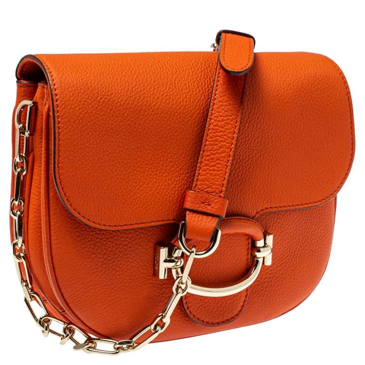 Pre Owned Tod's Orange Leather TT Ring Flap Crossbody Bag