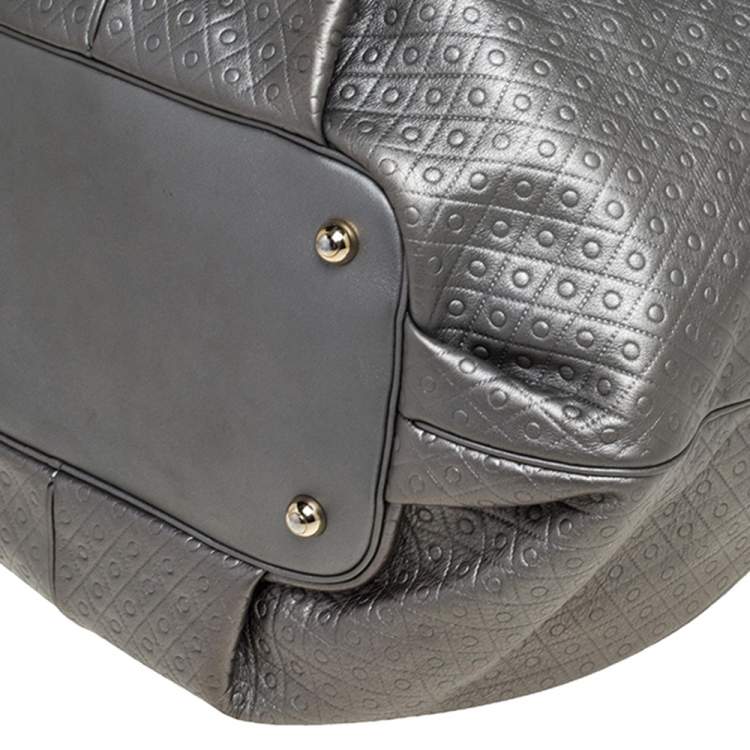 Pre Owned Tod's Metallic Grey Embossed Leather Drawstring Chain Tote