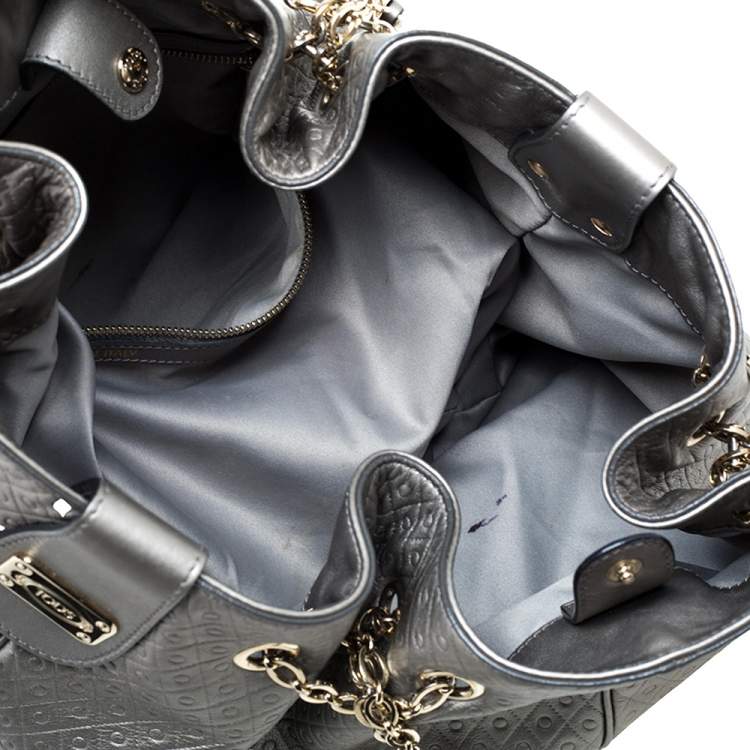 Pre Owned Tod's Metallic Grey Embossed Leather Drawstring Chain Tote