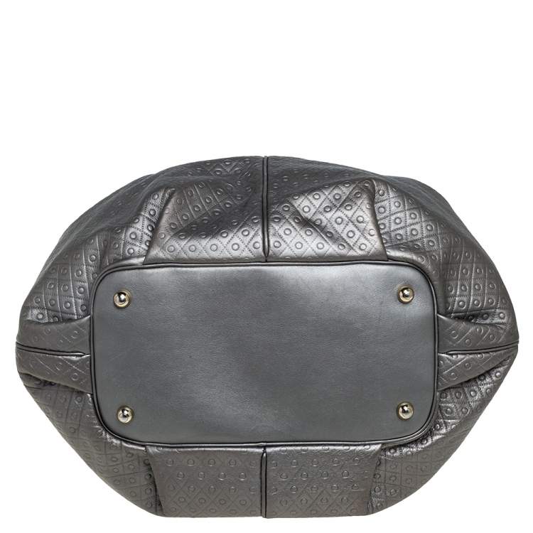 Pre Owned Tod's Metallic Grey Embossed Leather Drawstring Chain Tote