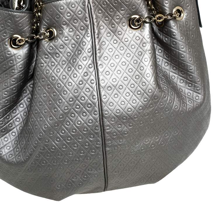 Pre Owned Tod's Metallic Grey Embossed Leather Drawstring Chain Tote