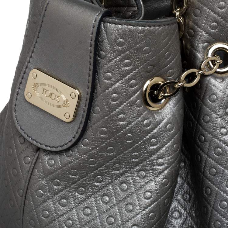 Pre Owned Tod's Metallic Grey Embossed Leather Drawstring Chain Tote