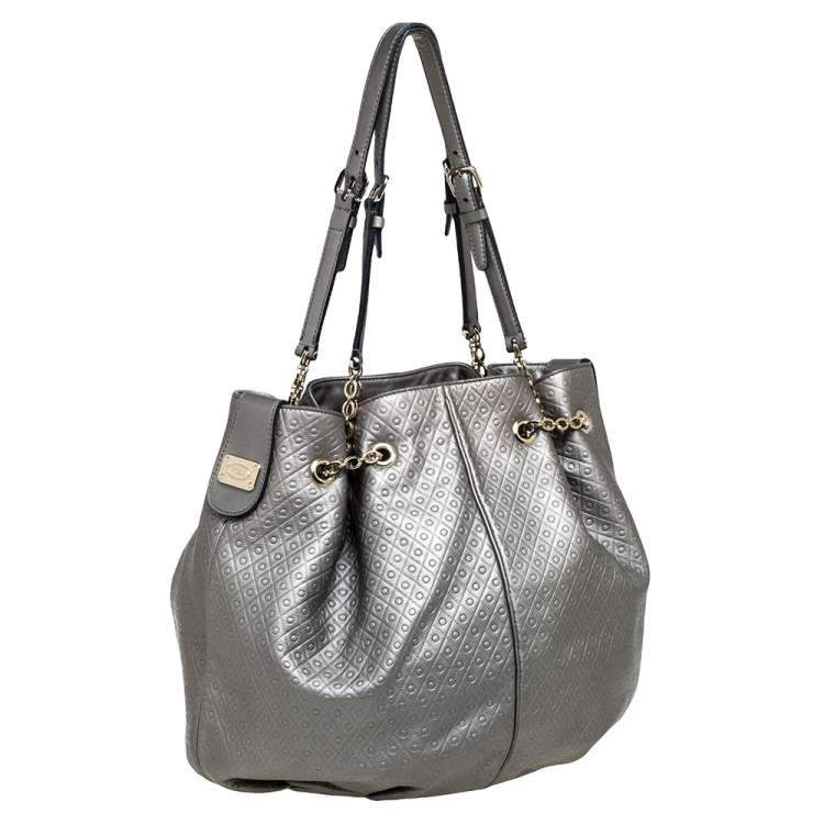 Pre Owned Tod's Metallic Grey Embossed Leather Drawstring Chain Tote