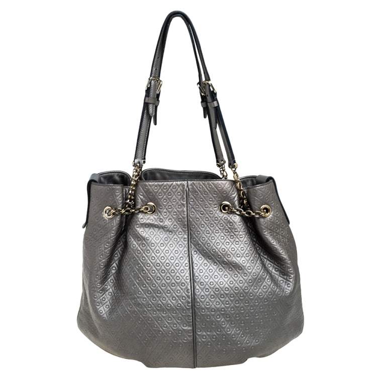 Pre Owned Tod's Metallic Grey Embossed Leather Drawstring Chain Tote