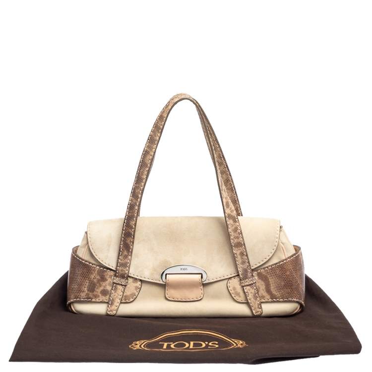 Pre Owned Tod's Beige Suede And Snakeskin Leather Baguette