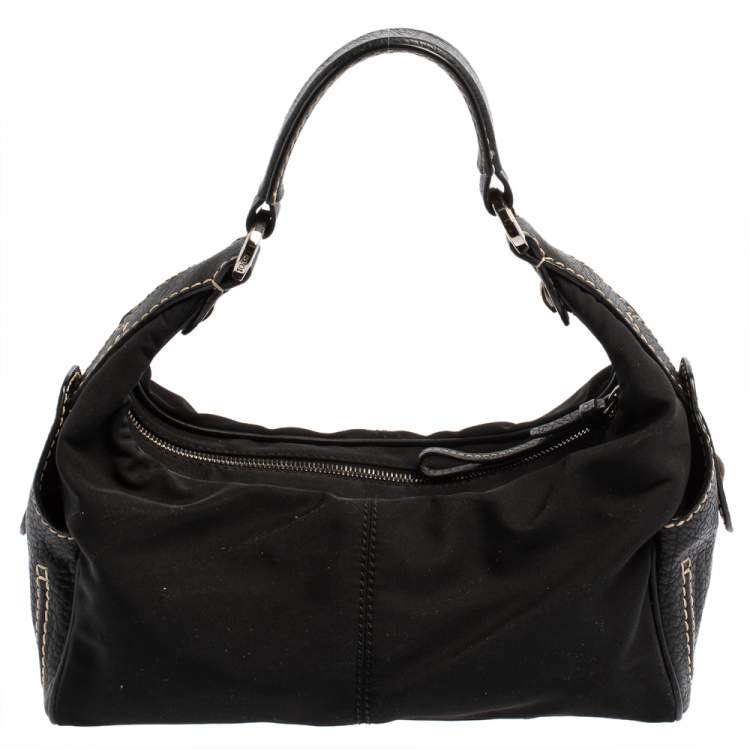 Pre Owned Tod's Black Nylon and Leather Zip Shoulder Bag